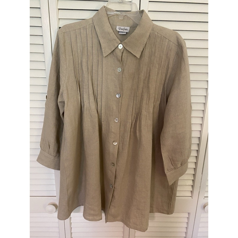 Toofan Linen Button Front Shirt L Beige Pintuck Lagenlook Coastal Grandma EUC - Picture 2 of 9